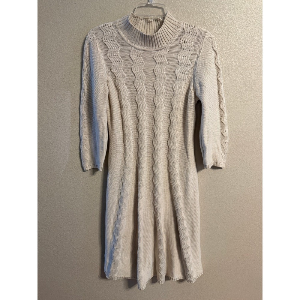Sandra Darren Knit Mock Neck 3/4 Sleeve Sweater‎ Dress Beige Size L